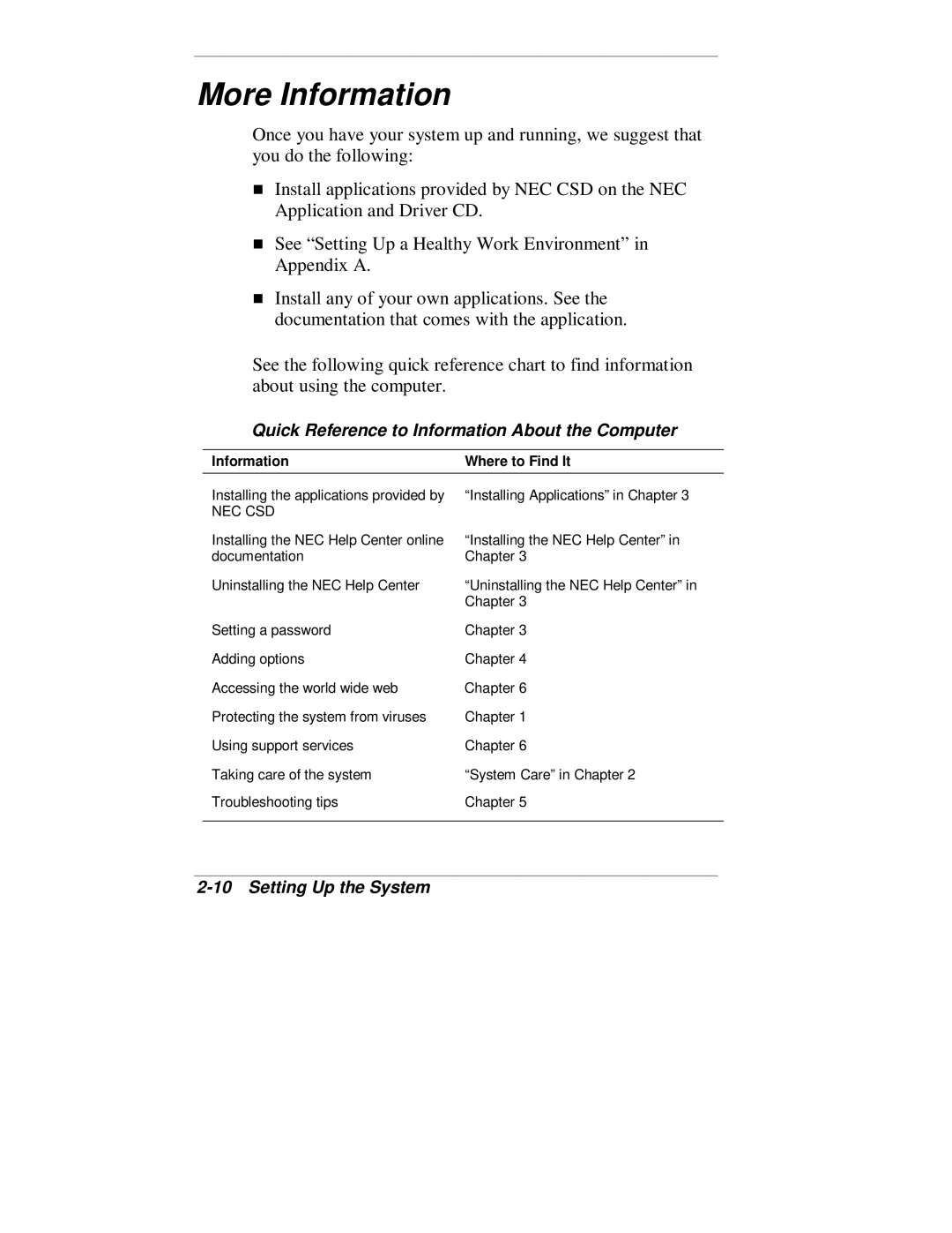 NEC VT 300 Series manual More Information, Quick Reference to Information About the Computer 