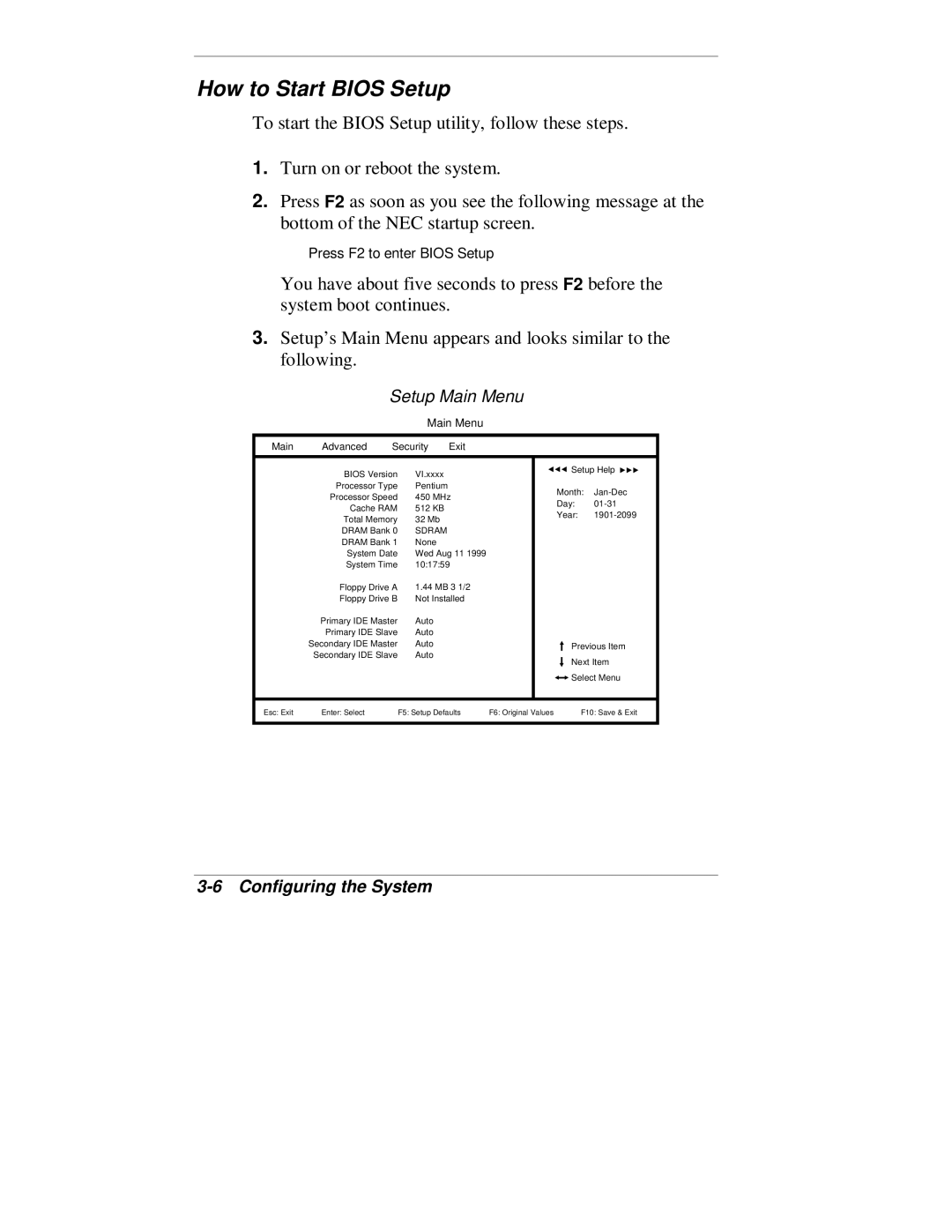 NEC VT 300 Series manual How to Start Bios Setup, Setup Main Menu 