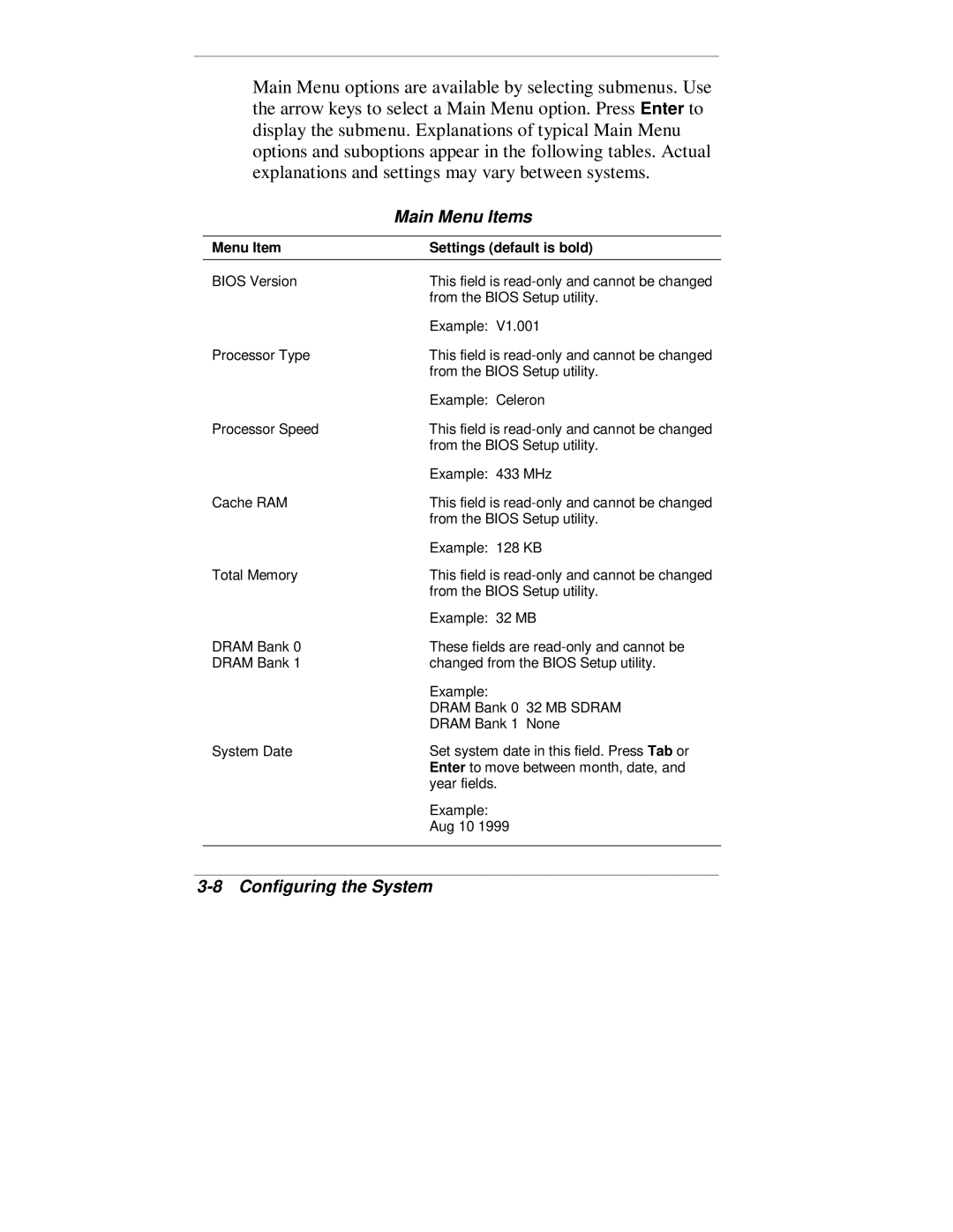 NEC VT 300 Series manual Main Menu Items, Menu Item Settings default is bold 