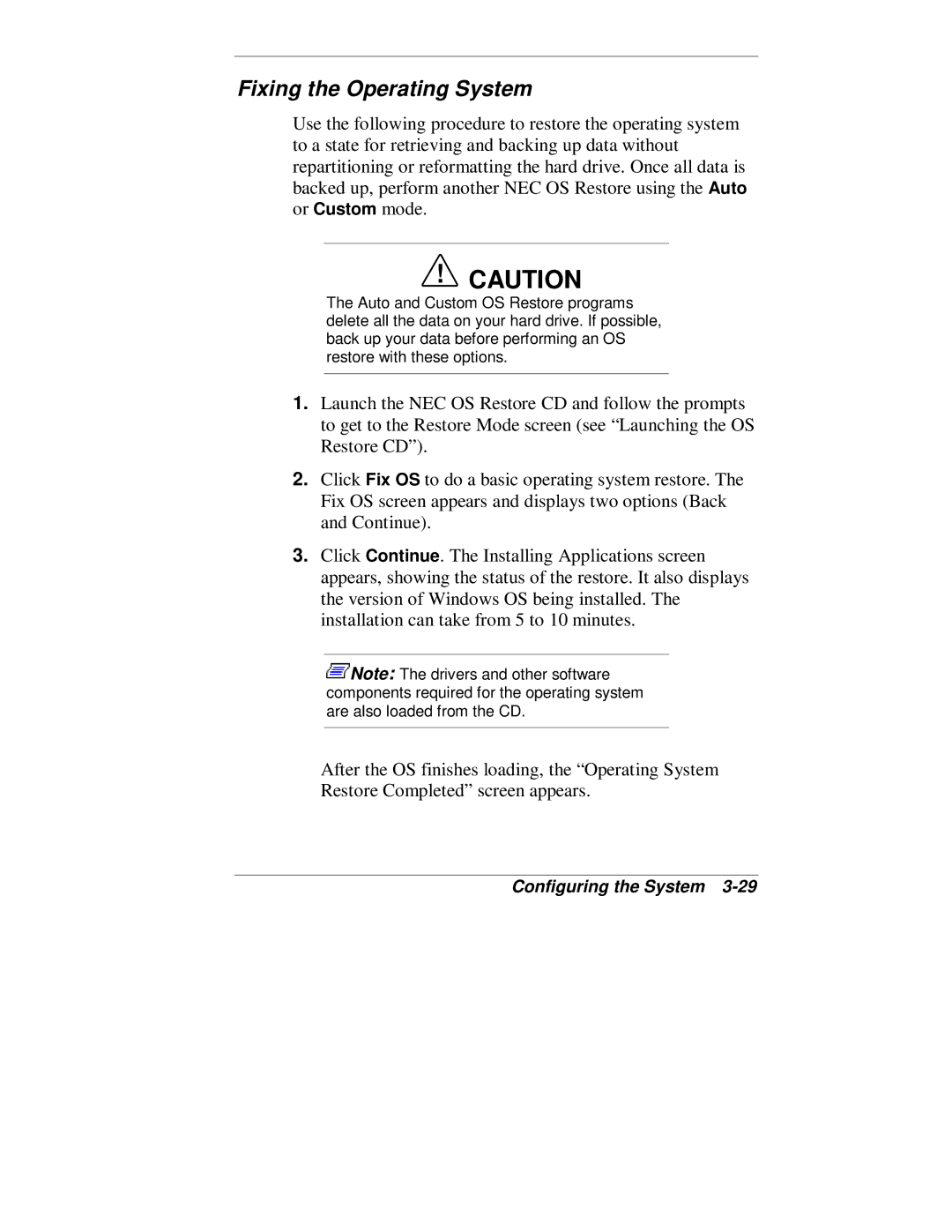 NEC VT 300 Series manual Fixing the Operating System 