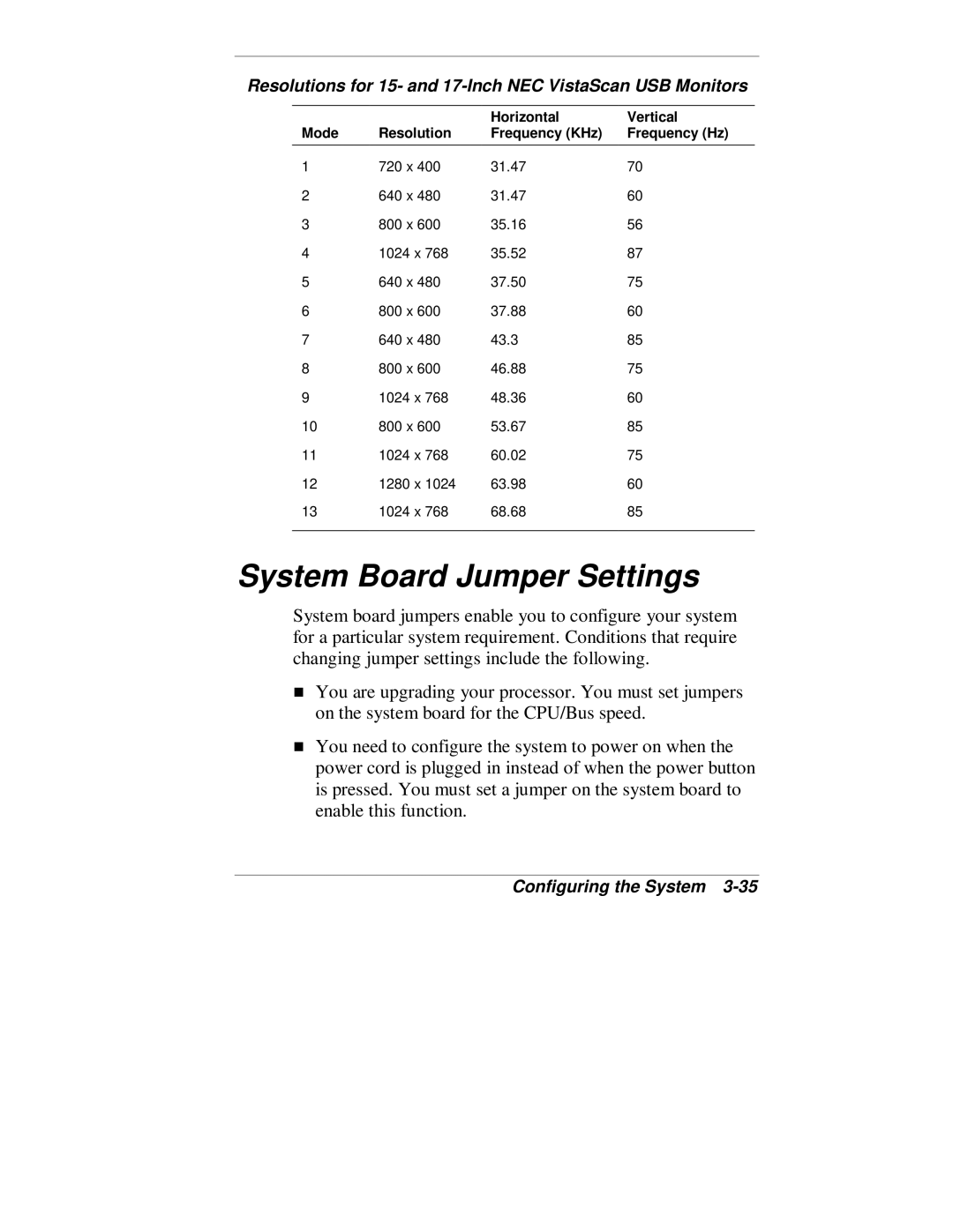 NEC VT 300 Series manual System Board Jumper Settings, Resolutions for 15- and 17-Inch NEC VistaScan USB Monitors 