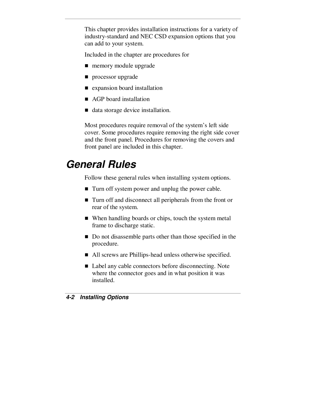 NEC VT 300 Series manual General Rules, Installing Options 