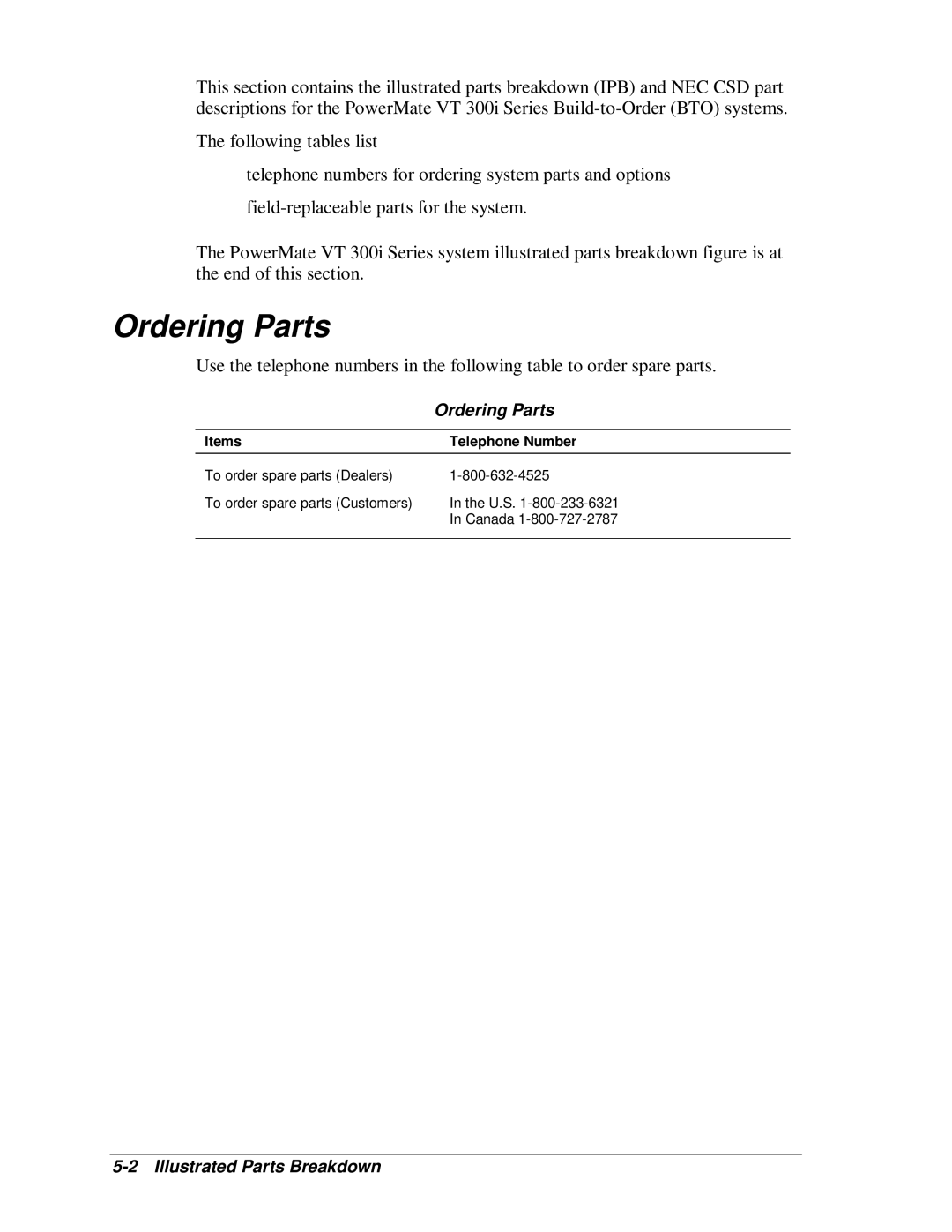 NEC VT 300i manual Ordering Parts, Illustrated Parts Breakdown, Items Telephone Number 