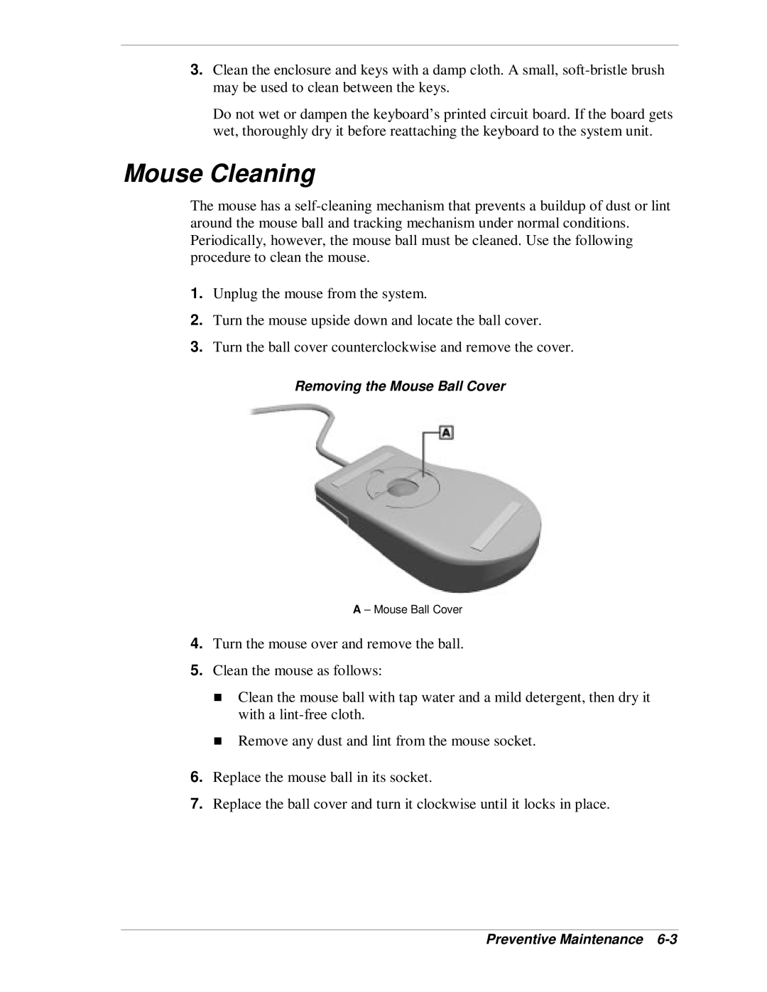 NEC VT 300i manual Mouse Cleaning, Removing the Mouse Ball Cover 