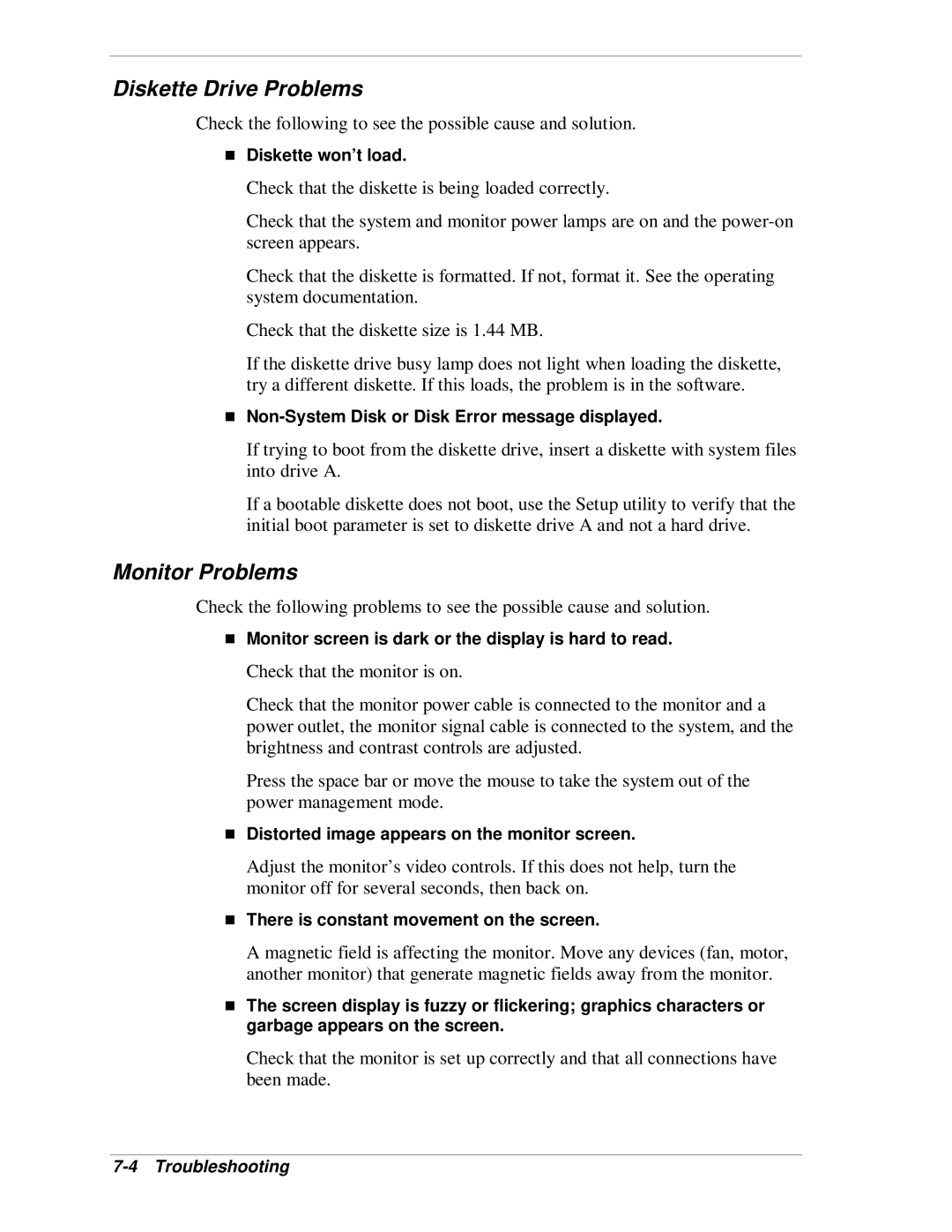 NEC VT 300i manual Diskette Drive Problems, Monitor Problems 