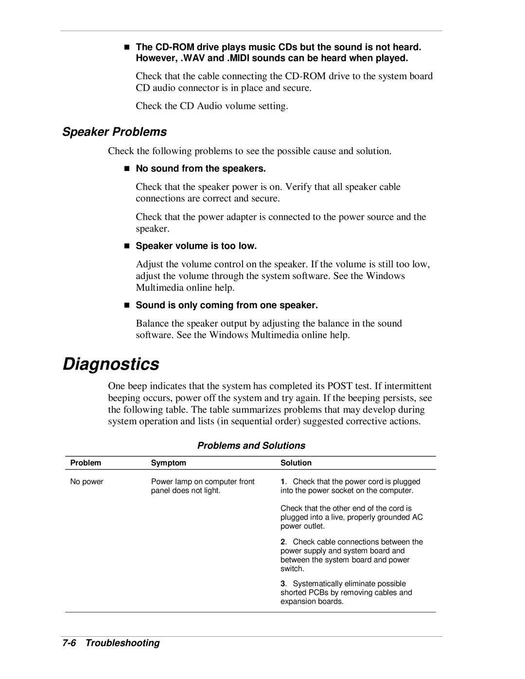 NEC VT 300i manual Diagnostics, Speaker Problems, Problems and Solutions, Problem Symptom Solution 