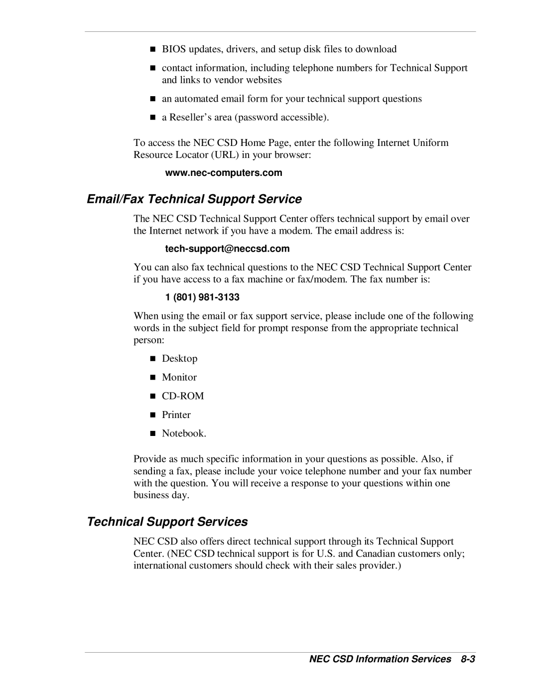 NEC VT 300i manual Email/Fax echnical Support Service, Technical Support Services 