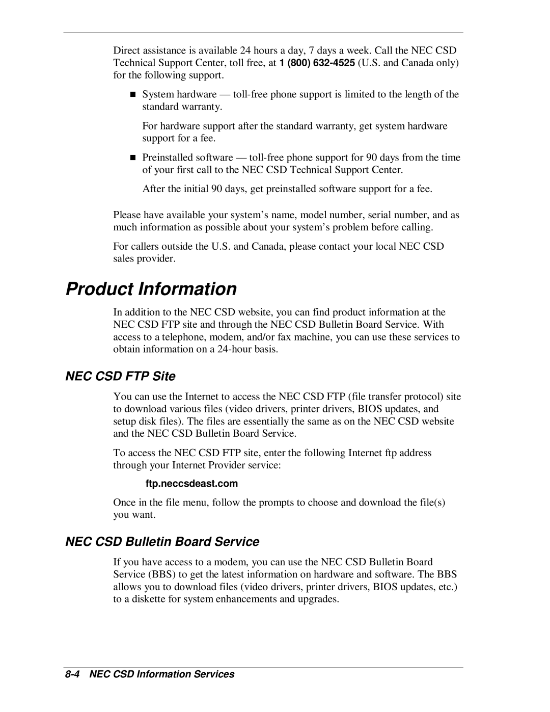 NEC VT 300i manual Product Information, NEC CSD FTP Site, NEC CSD Bulletin Board Service 