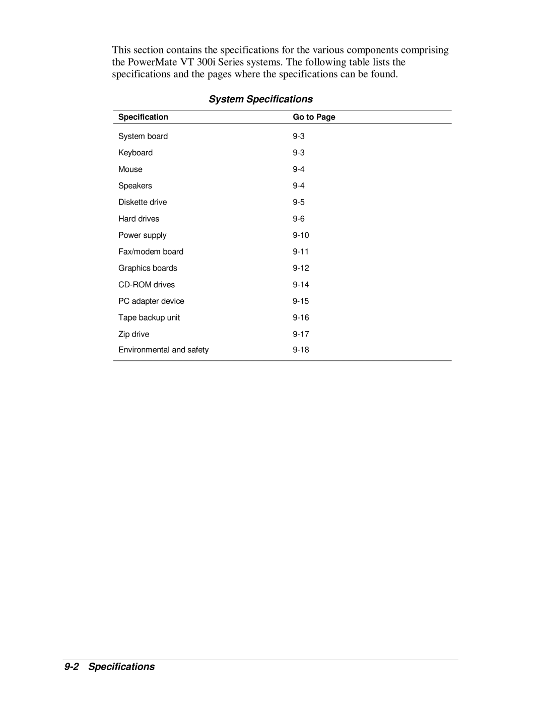 NEC VT 300i manual System Specifications, Specification Go to 