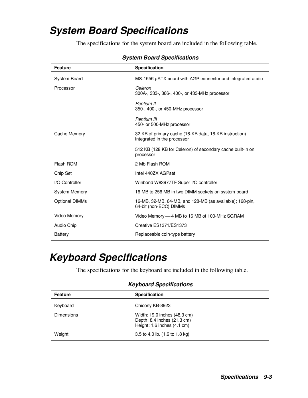 NEC VT 300i manual System Board Specifications, Keyboard Specifications, Feature Specification 