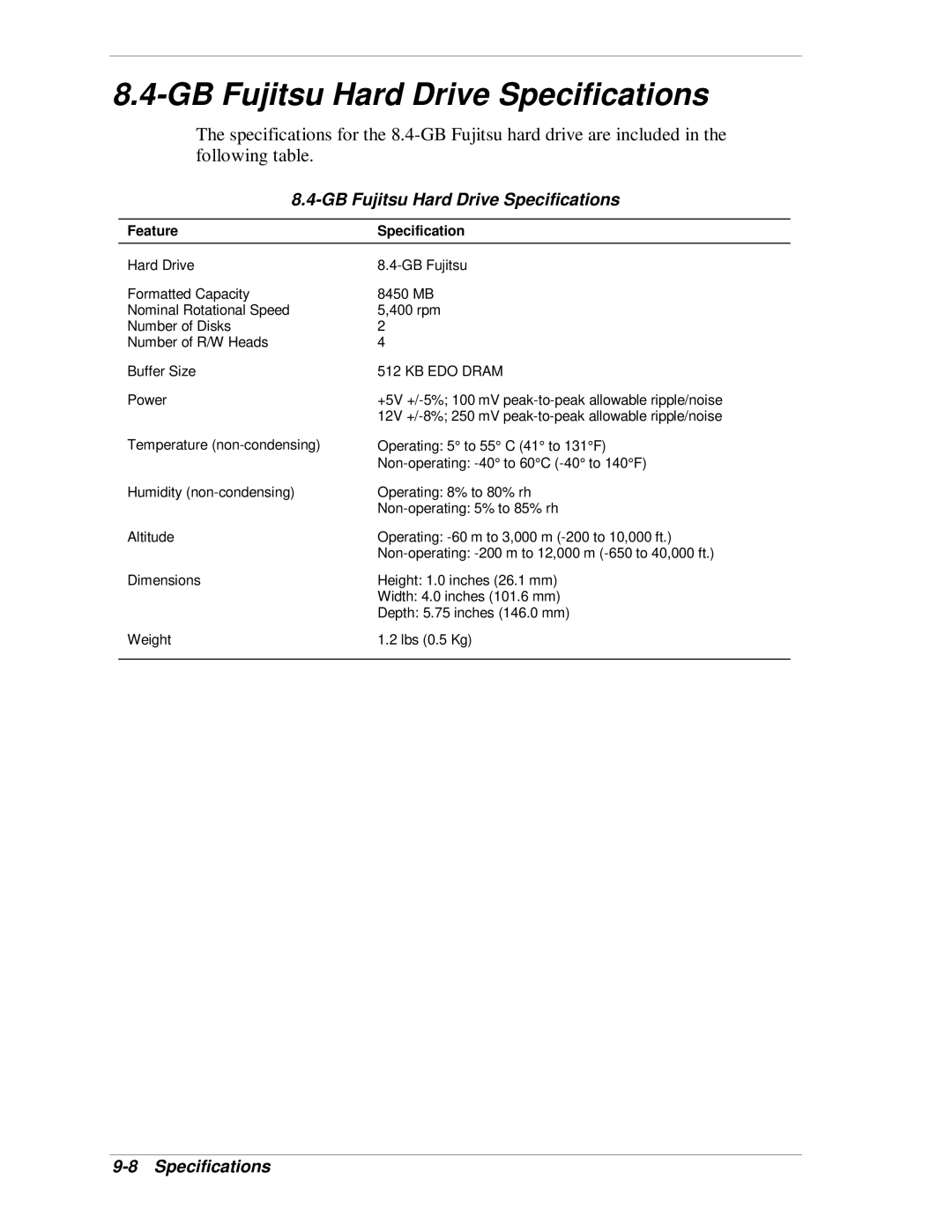 NEC VT 300i manual GB Fujitsu Hard Drive Specifications 