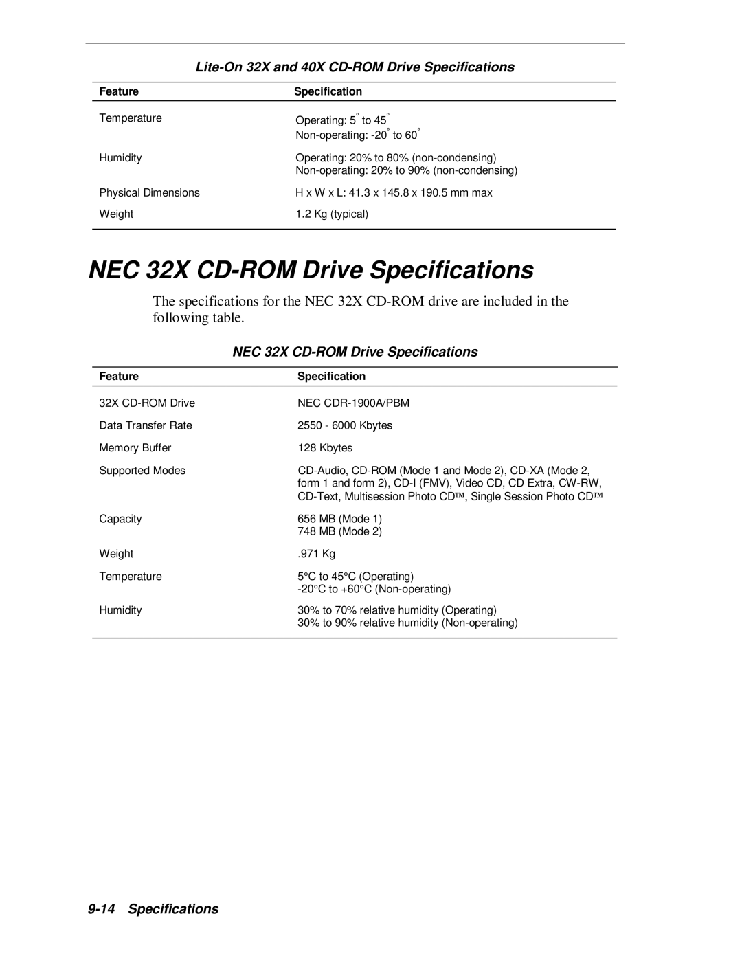 NEC VT 300i manual NEC 32X CD-ROM Drive Specifications 