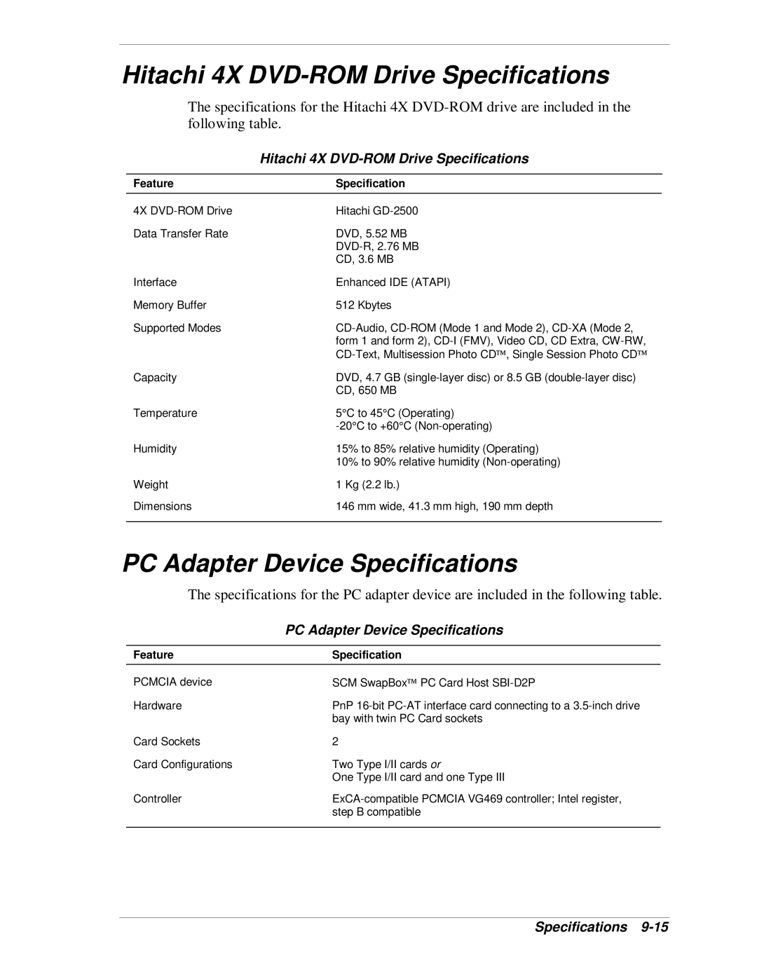 NEC VT 300i manual Hitachi 4X DVD-ROM Drive Specifications, PC Adapter Device Specifications 