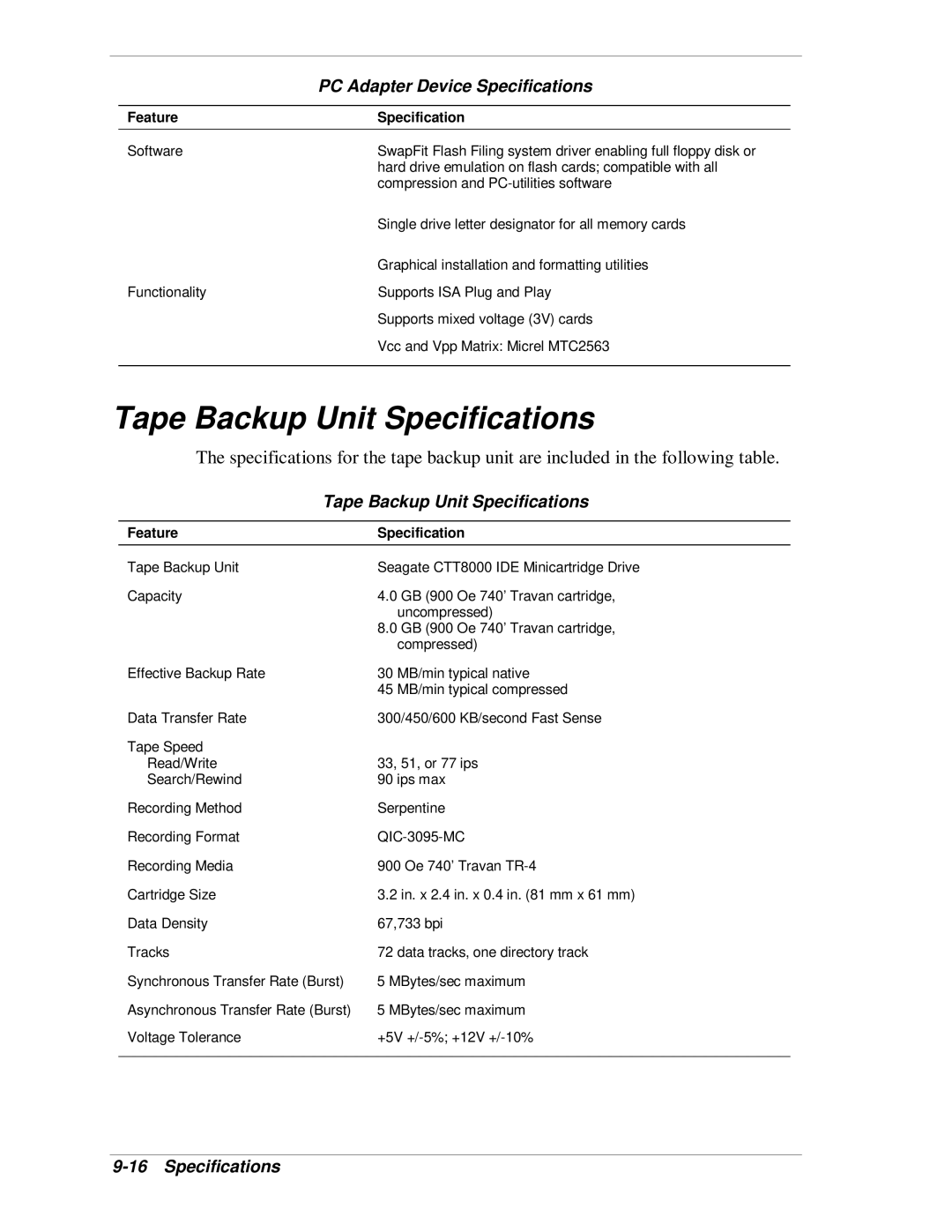 NEC VT 300i manual Tape Backup Unit Specifications 