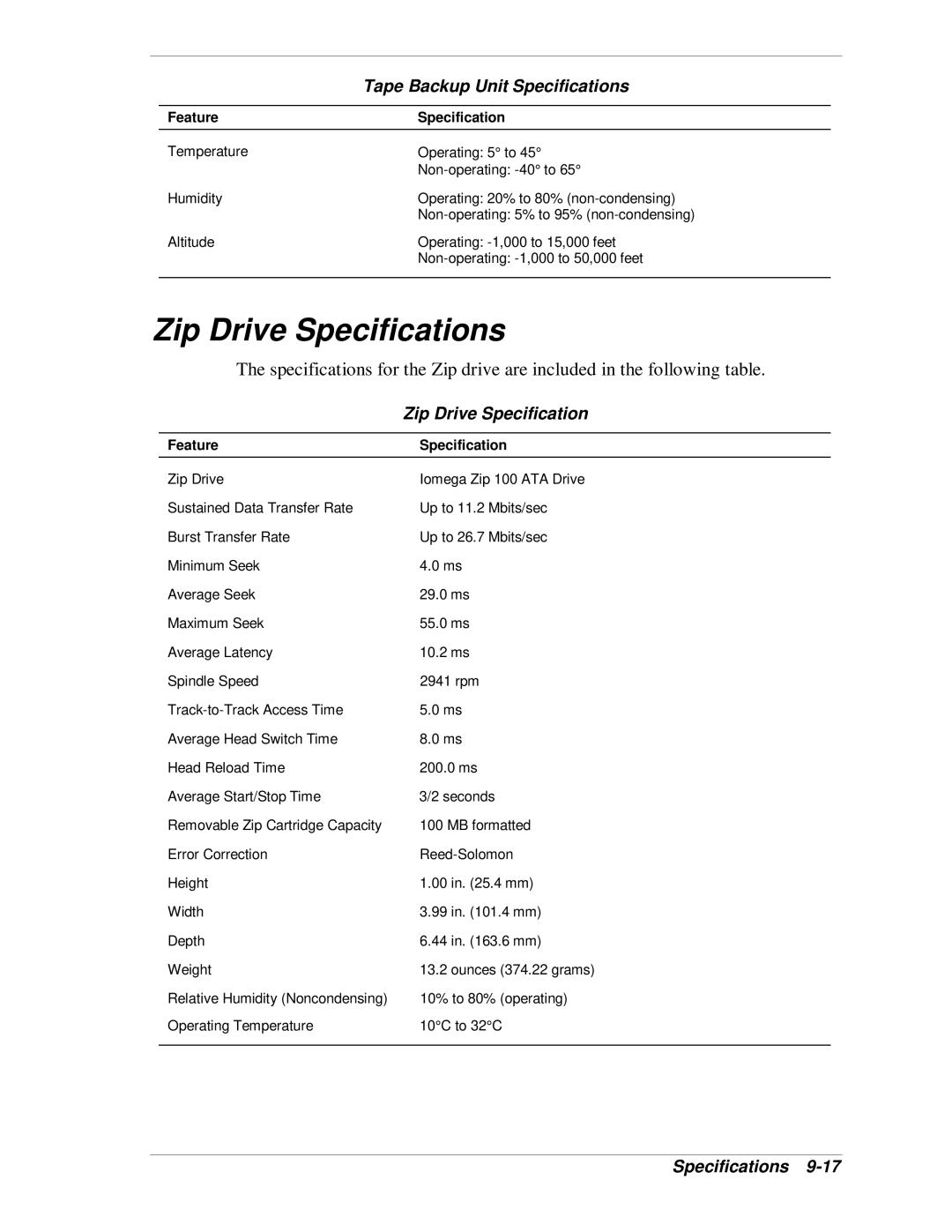 NEC VT 300i manual Zip Drive Specifications 