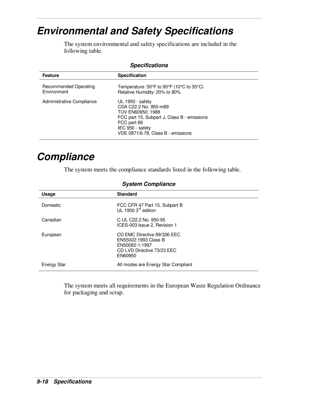 NEC VT 300i manual Environmental and Safety Specifications, System Compliance, Usage Standard 