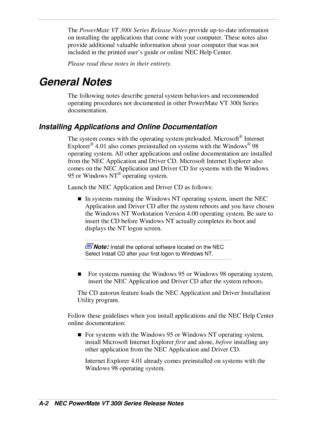 NEC manual General Notes, Installing Applications and Online Documentation, NEC PowerMate VT 300i Series Release Notes 