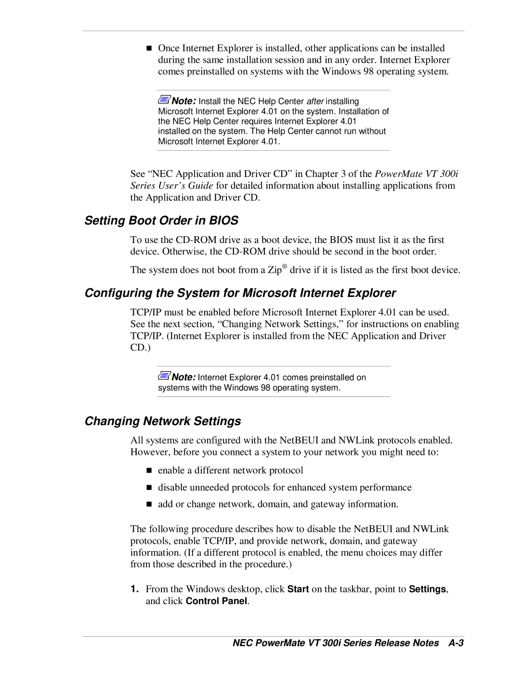 NEC VT 300i Setting Boot Order in Bios, Configuring the System for Microsoft Internet Explorer, Changing Network Settings 