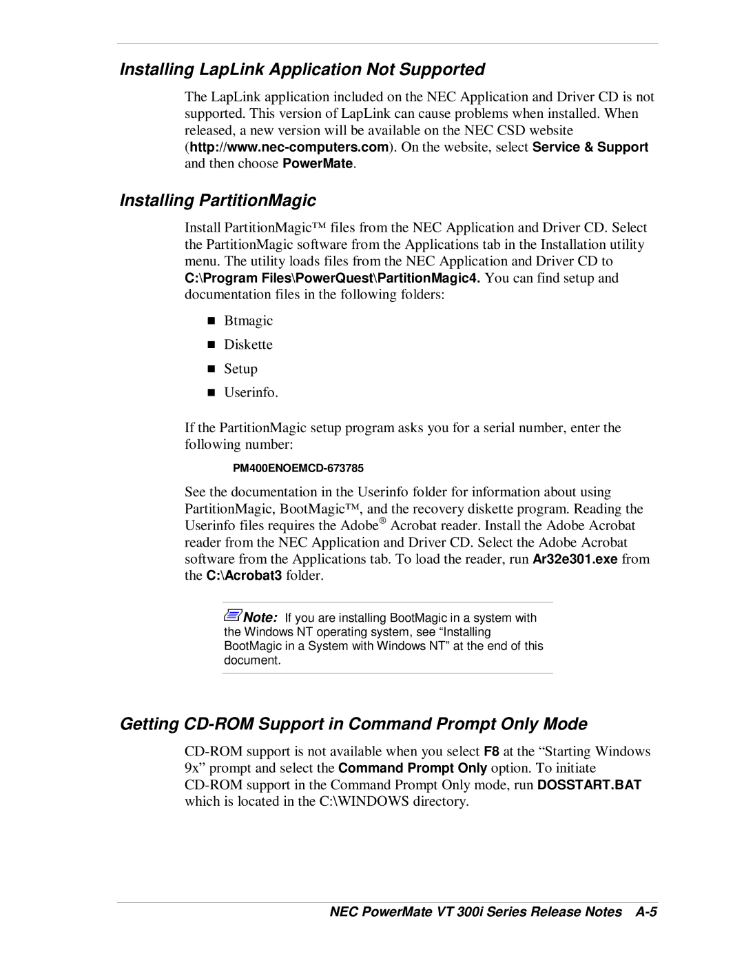 NEC manual Getting CD-ROM Support in Command Prompt Only Mode, NEC PowerMate VT 300i Series Release Notes A-5 