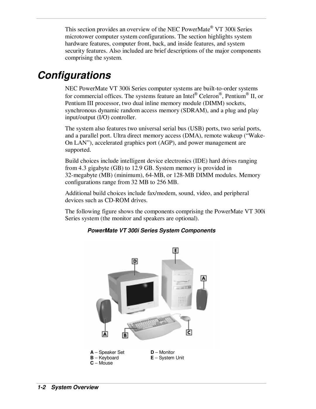 NEC manual Configurations, PowerMate VT 300i Series System Components, System Overview 