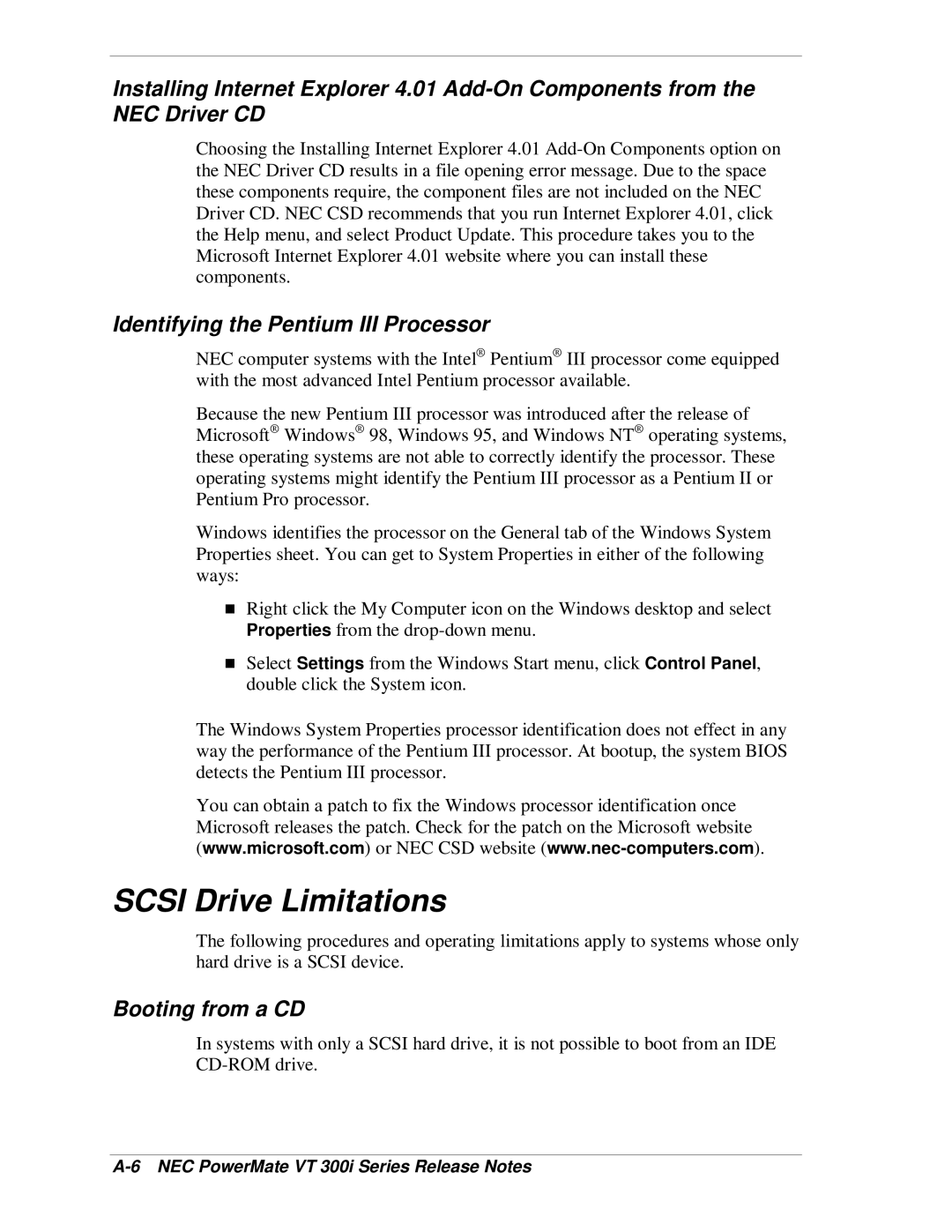 NEC VT 300i manual Scsi Drive Limitations, Identifying the Pentium III Processor, Booting from a CD 