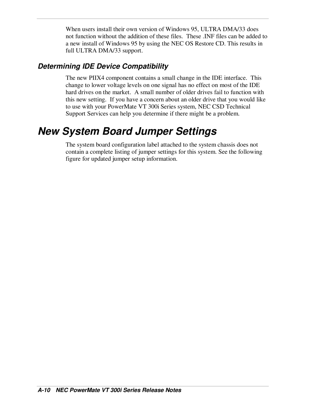 NEC VT 300i manual New System Board Jumper Settings, Determining IDE Device Compatibility 