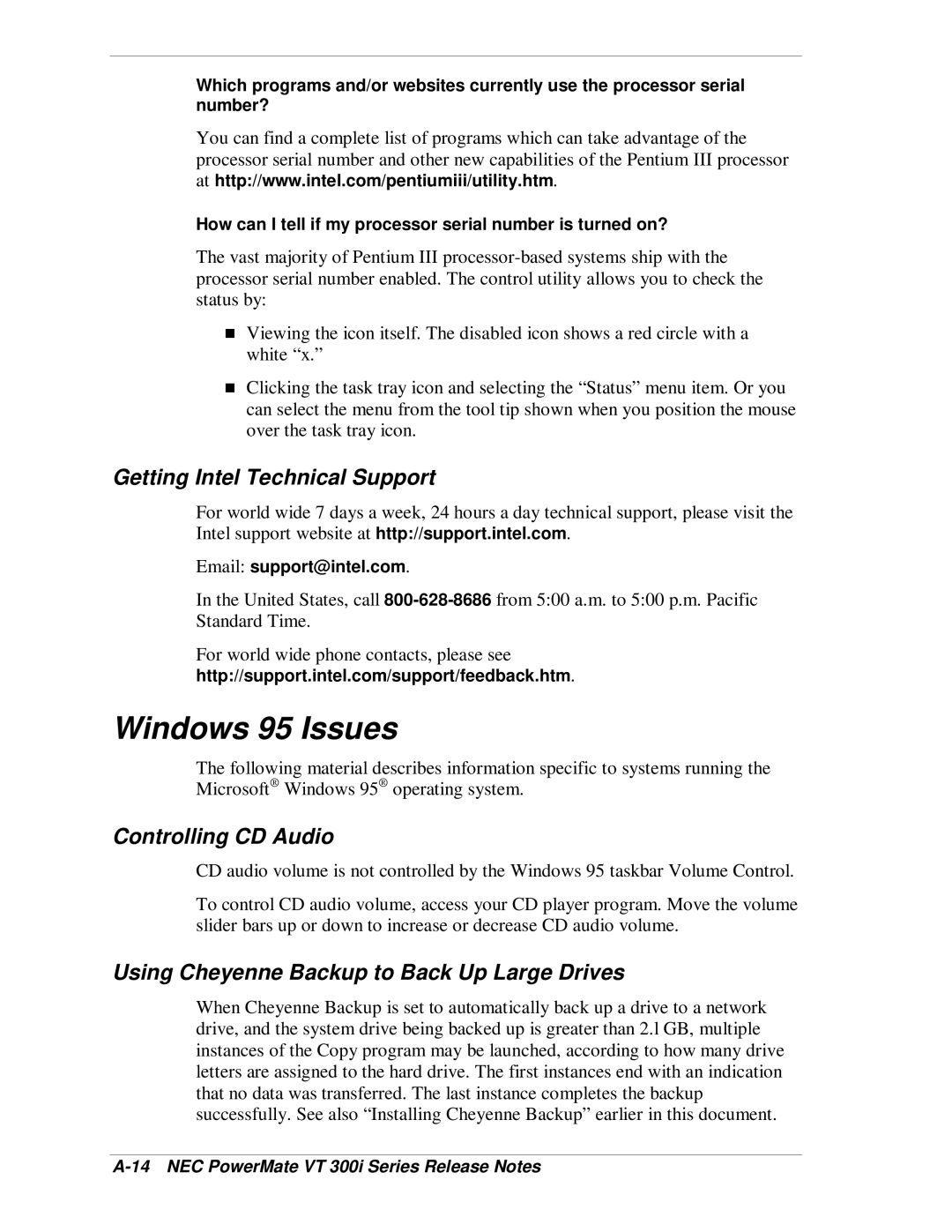 NEC VT 300i manual Windows 95 Issues, Getting Intel Technical Support, Controlling CD Audio 