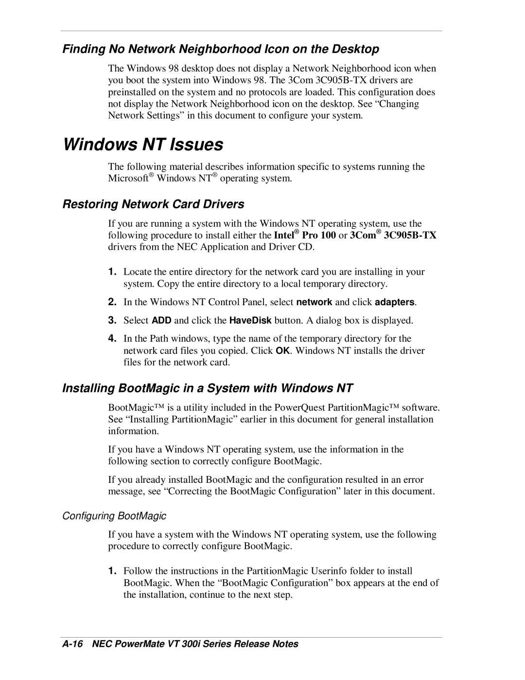 NEC VT 300i manual Windows NT Issues, Finding No Network Neighborhood Icon on the Desktop, Restoring Network Card Drivers 