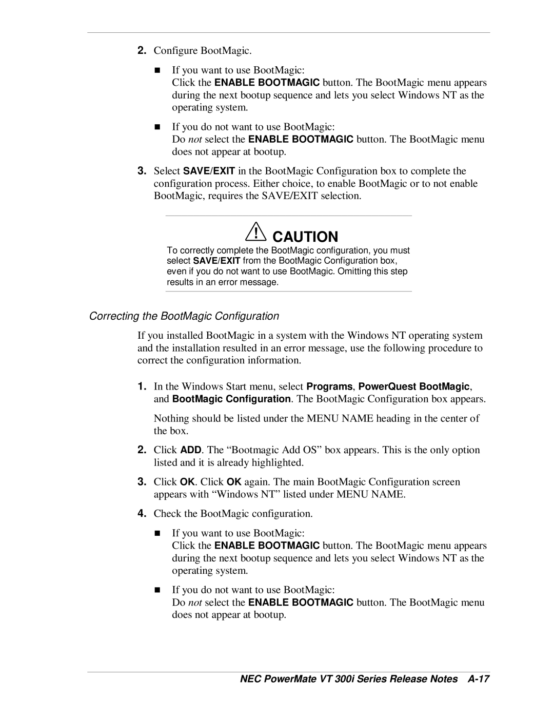 NEC manual Correcting the BootMagic Configuration, NEC PowerMate VT 300i Series Release Notes A-17 