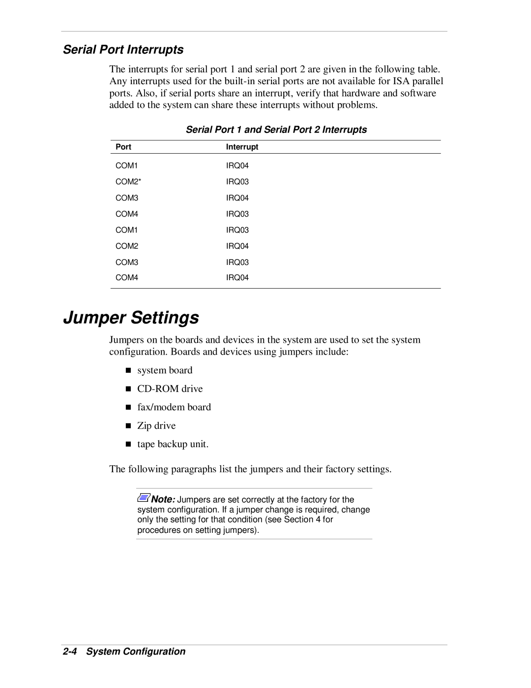 NEC VT 300i manual Jumper Settings, Serial Port Interrupts, Serial Port 1 and Serial Port 2 Interrupts 