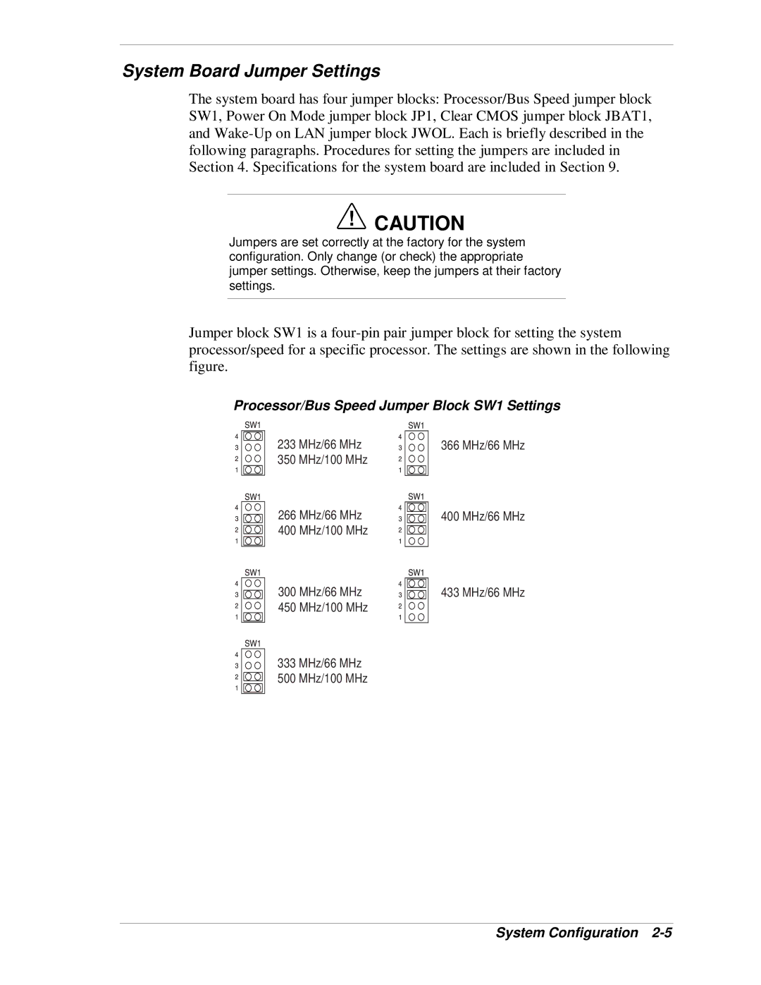 NEC VT 300i manual System Board Jumper Settings, Processor/Bus Speed Jumper Block SW1 Settings 