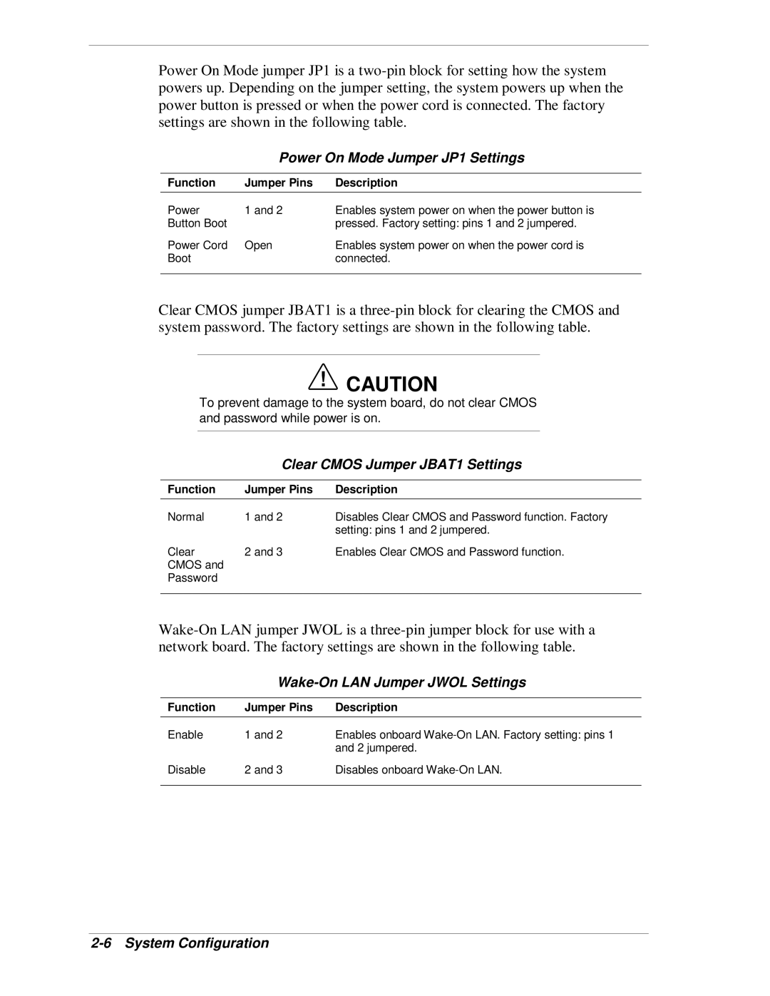 NEC VT 300i manual Power On Mode Jumper JP1 Settings, Clear Cmos Jumper JBAT1 Settings, Wake-On LAN Jumper Jwol Settings 