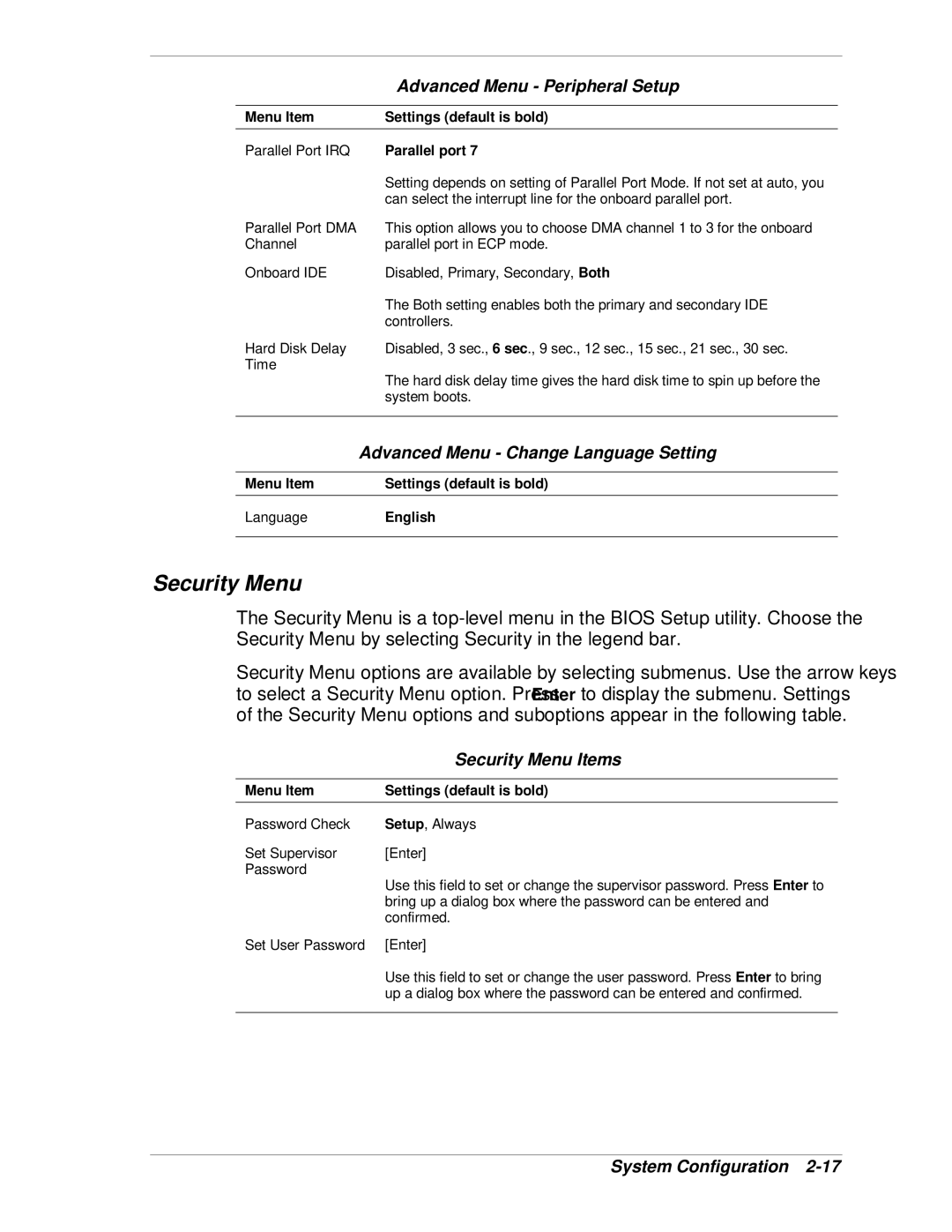 NEC VT 300i manual Advanced Menu Change Language Setting, Security Menu Items, Parallel port 