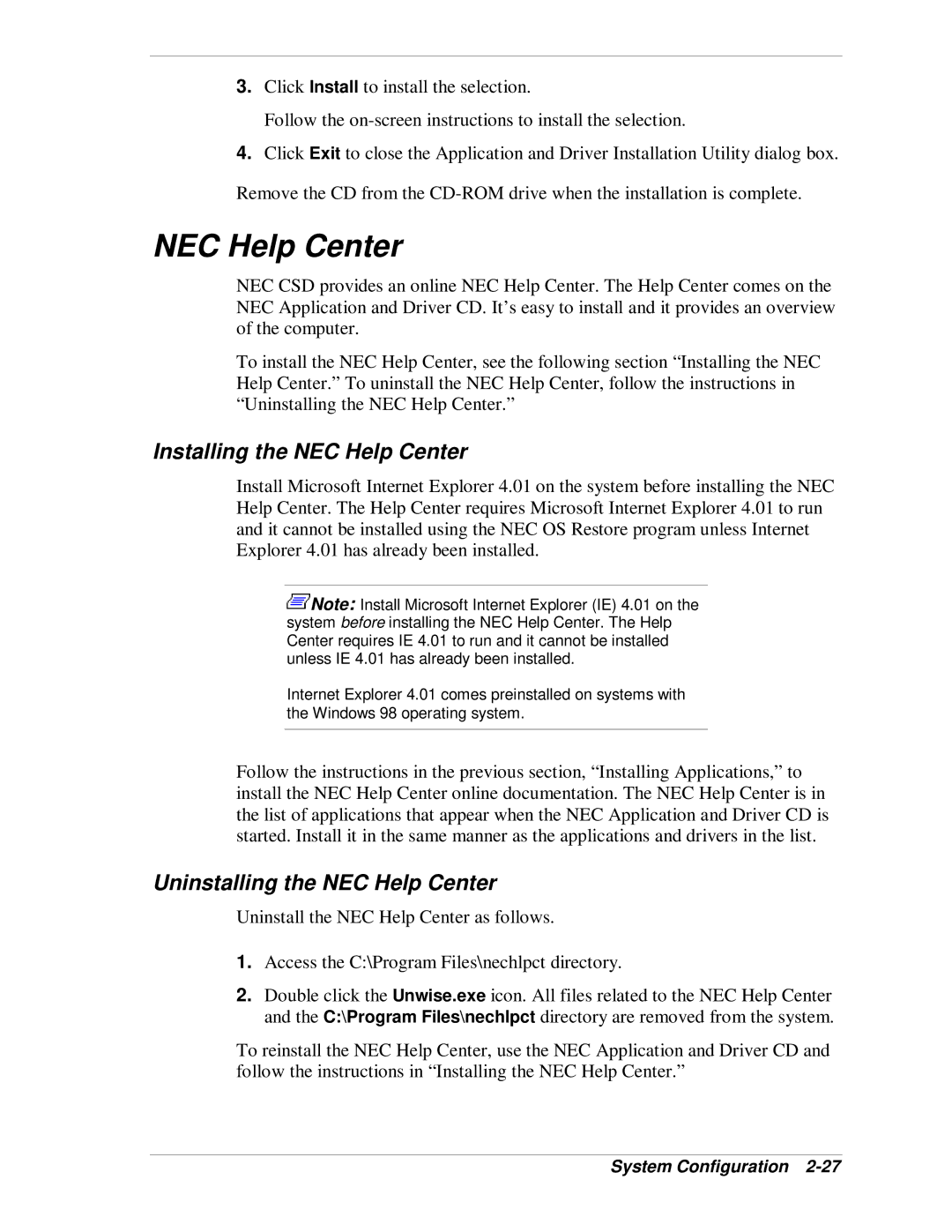 NEC VT 300i manual Installing the NEC Help Center, Uninstalling the NEC Help Center 