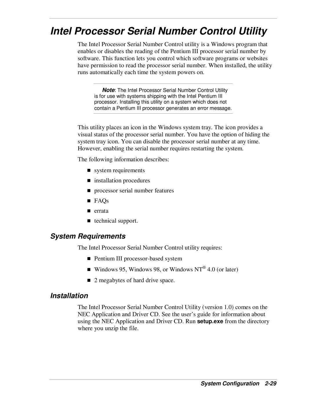 NEC VT 300i manual Intel Processor Serial Number Control Utility, System Requirements, Installation 