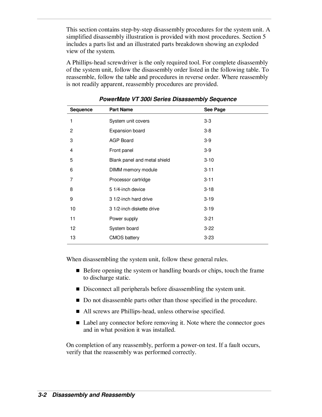 NEC manual PowerMate VT 300i Series Disassembly Sequence, Disassembly and Reassembly, Sequence Part Name See 