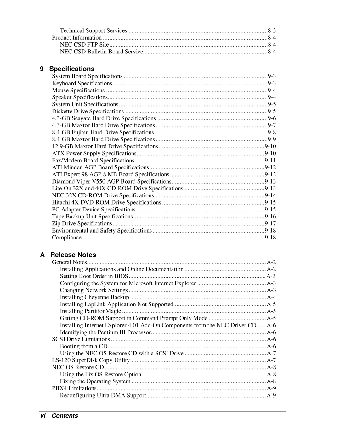 NEC VT 300i manual Specifications, Vi Contents 