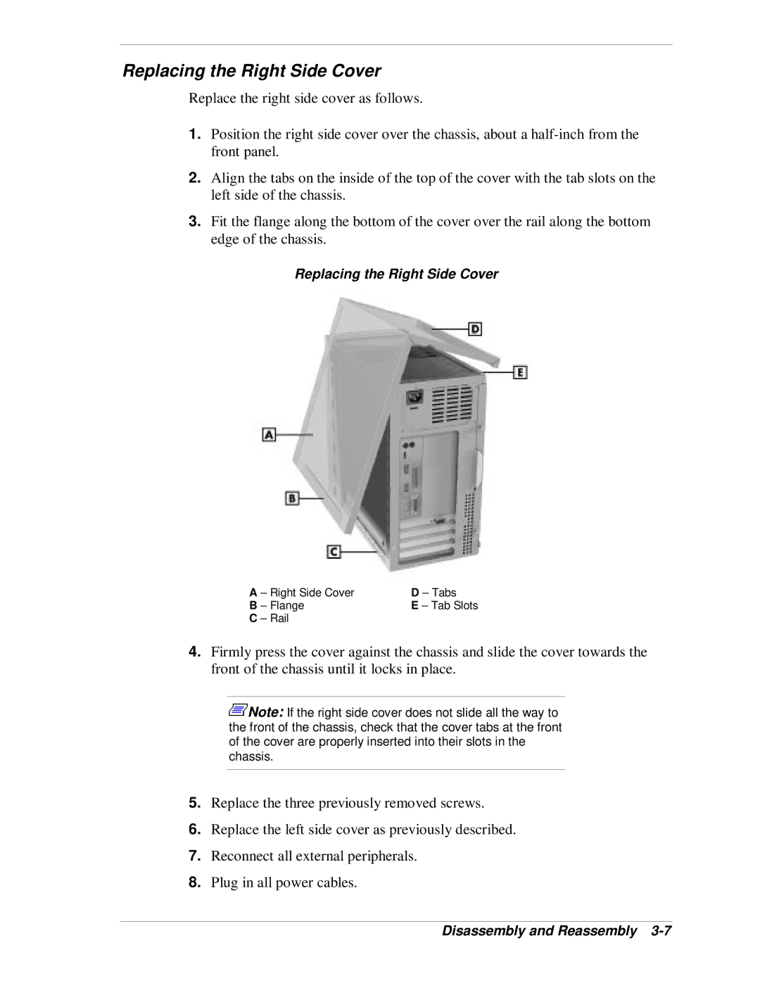 NEC VT 300i manual Replacing the Right Side Cover, Right Side Cover Tabs Flange Tab Slots Rail 