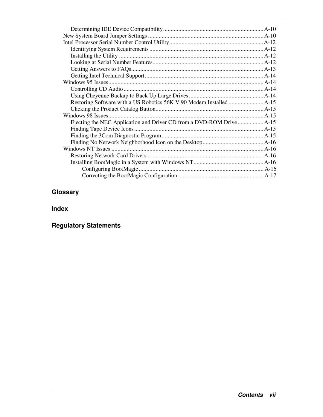 NEC VT 300i manual Glossary Index Regulatory Statements 