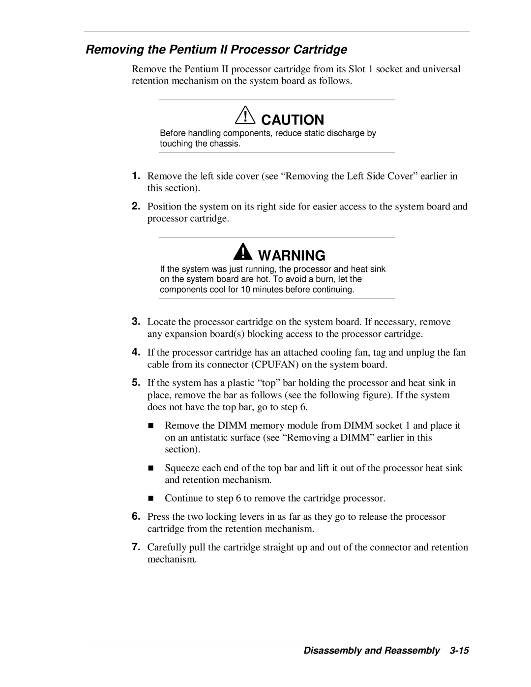 NEC VT 300i manual Removing the Pentium II Processor Cartridge 