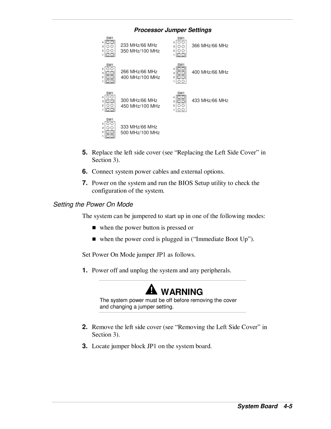 NEC VT 300i manual Setting the Power On Mode, Processor Jumper Settings 