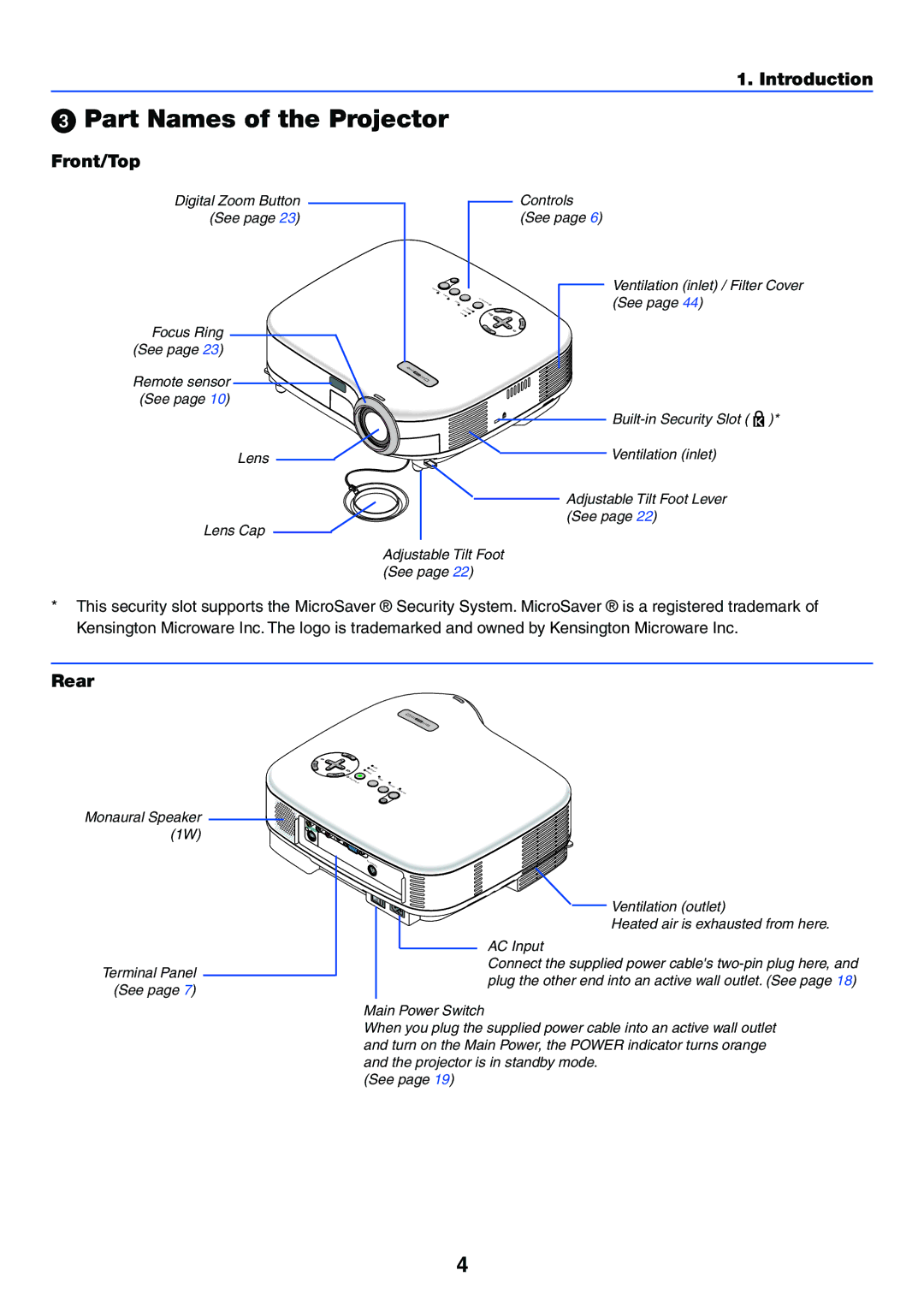 NEC VT37 manual Part Names of the Projector, Front/Top, Rear 