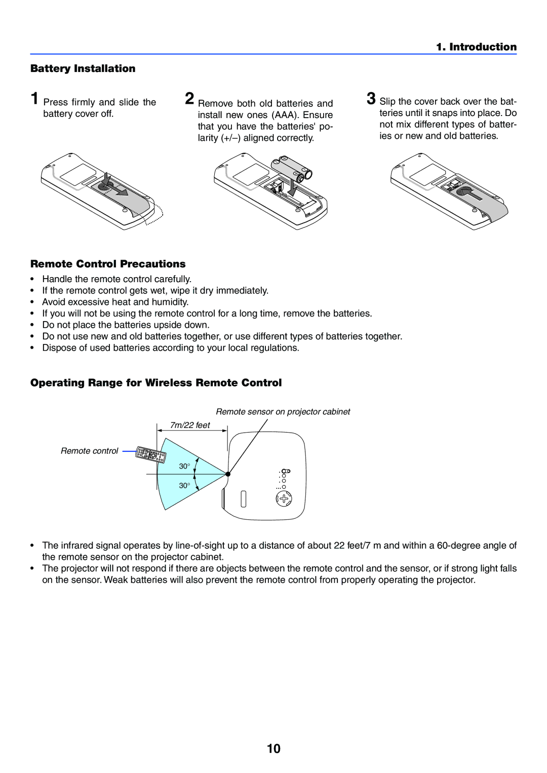 NEC VT37 manual Introduction Battery Installation, Remote Control Precautions, Operating Range for Wireless Remote Control 