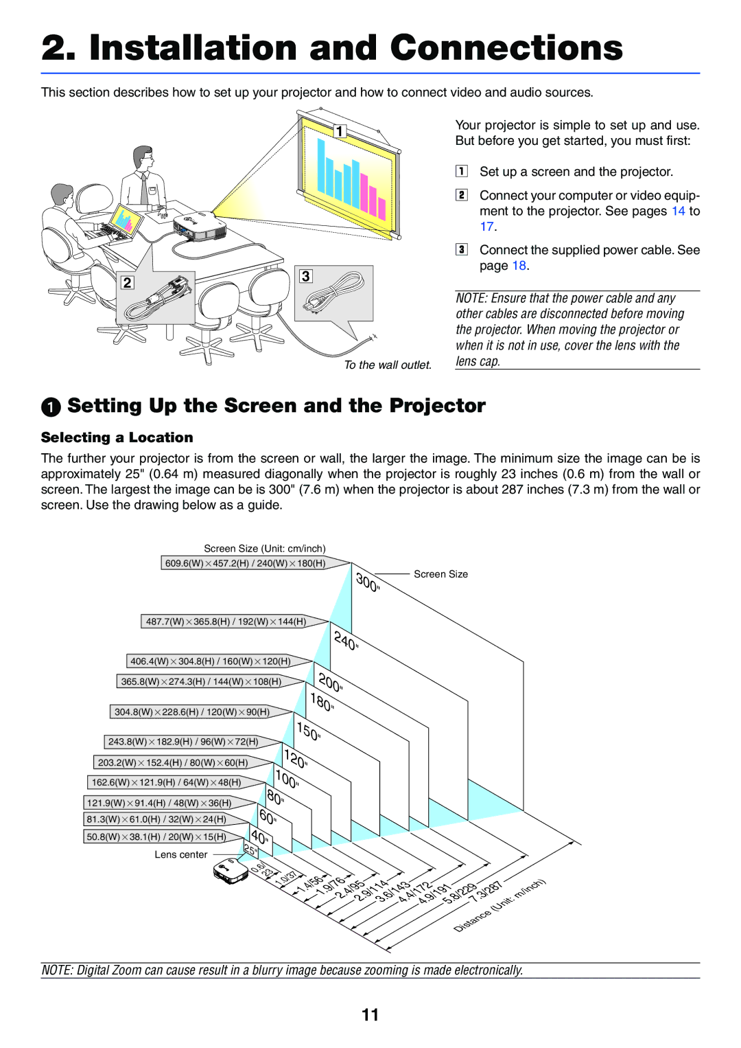 NEC VT37 manual Setting Up the Screen and the Projector, Selecting a Location 