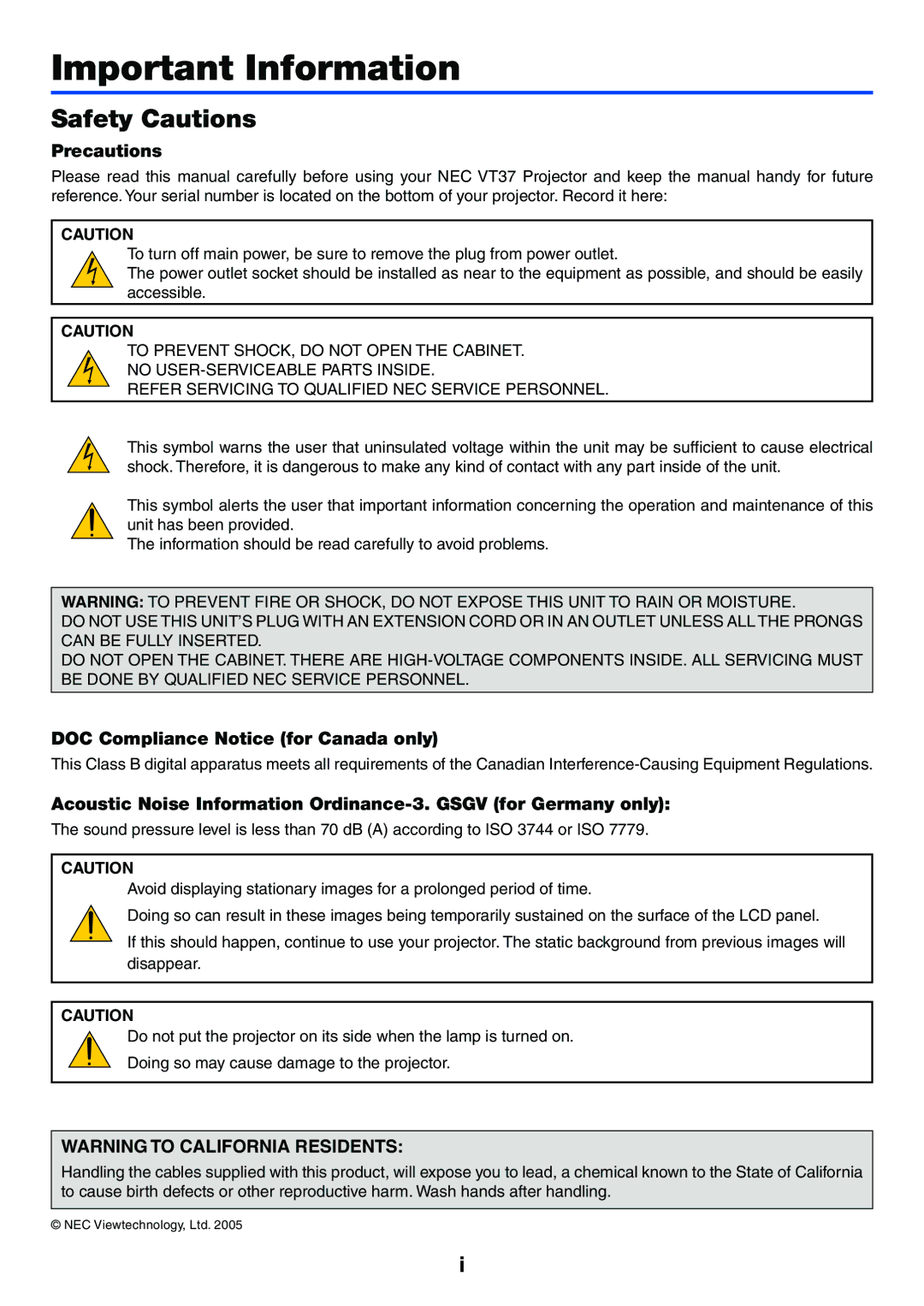 NEC VT37 manual Safety Cautions, Precautions, DOC Compliance Notice for Canada only 