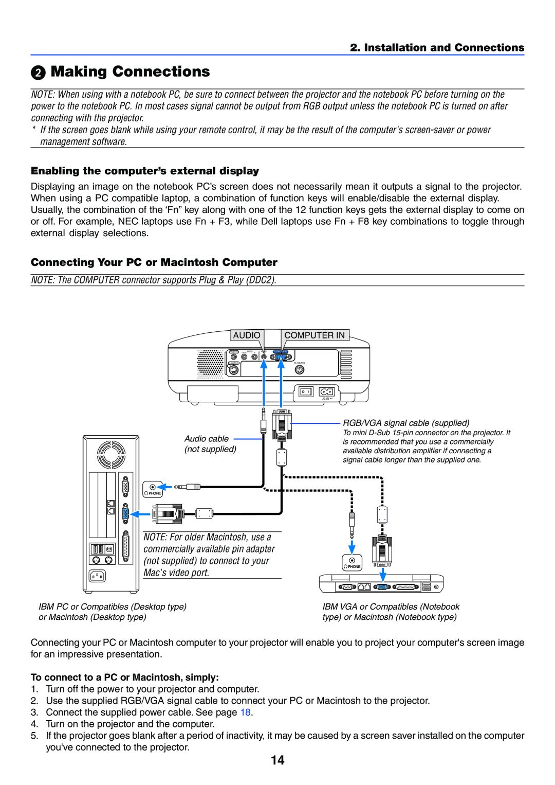 NEC VT37 manual Making Connections, Enabling the computer’s external display, Connecting Your PC or Macintosh Computer 