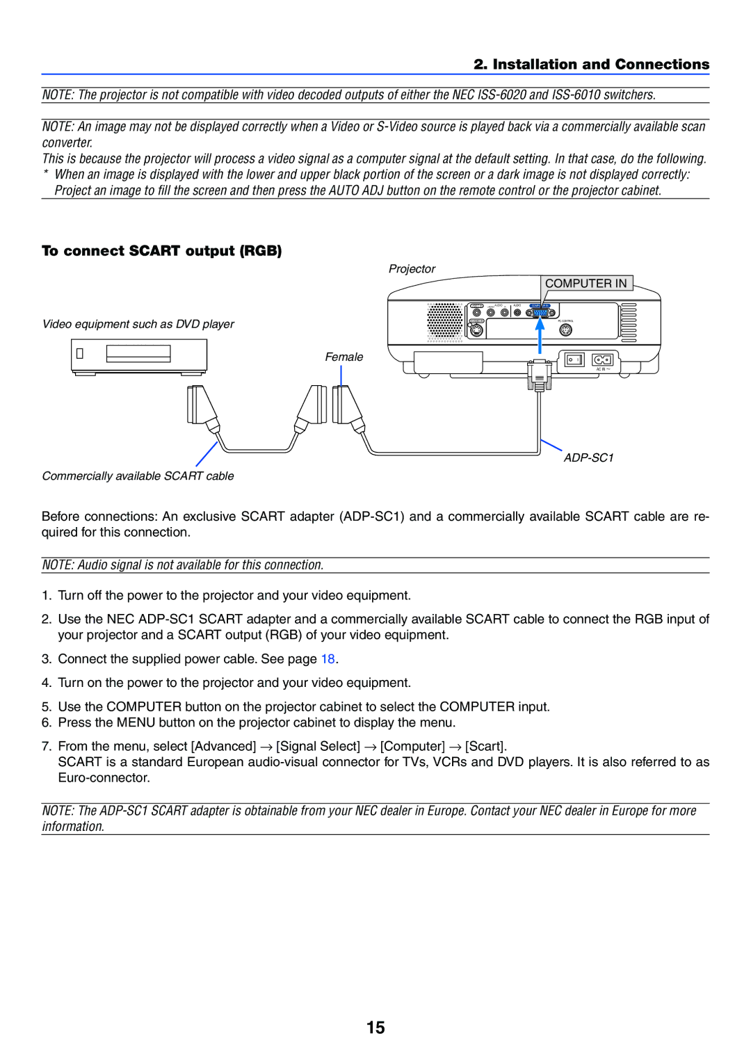 NEC VT37 manual To connect Scart output RGB 