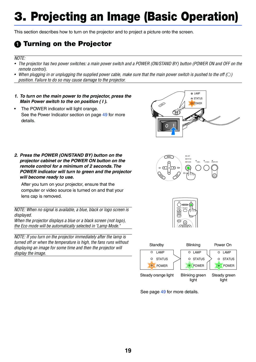 NEC VT37 manual Projecting an Image Basic Operation, Turning on the Projector 