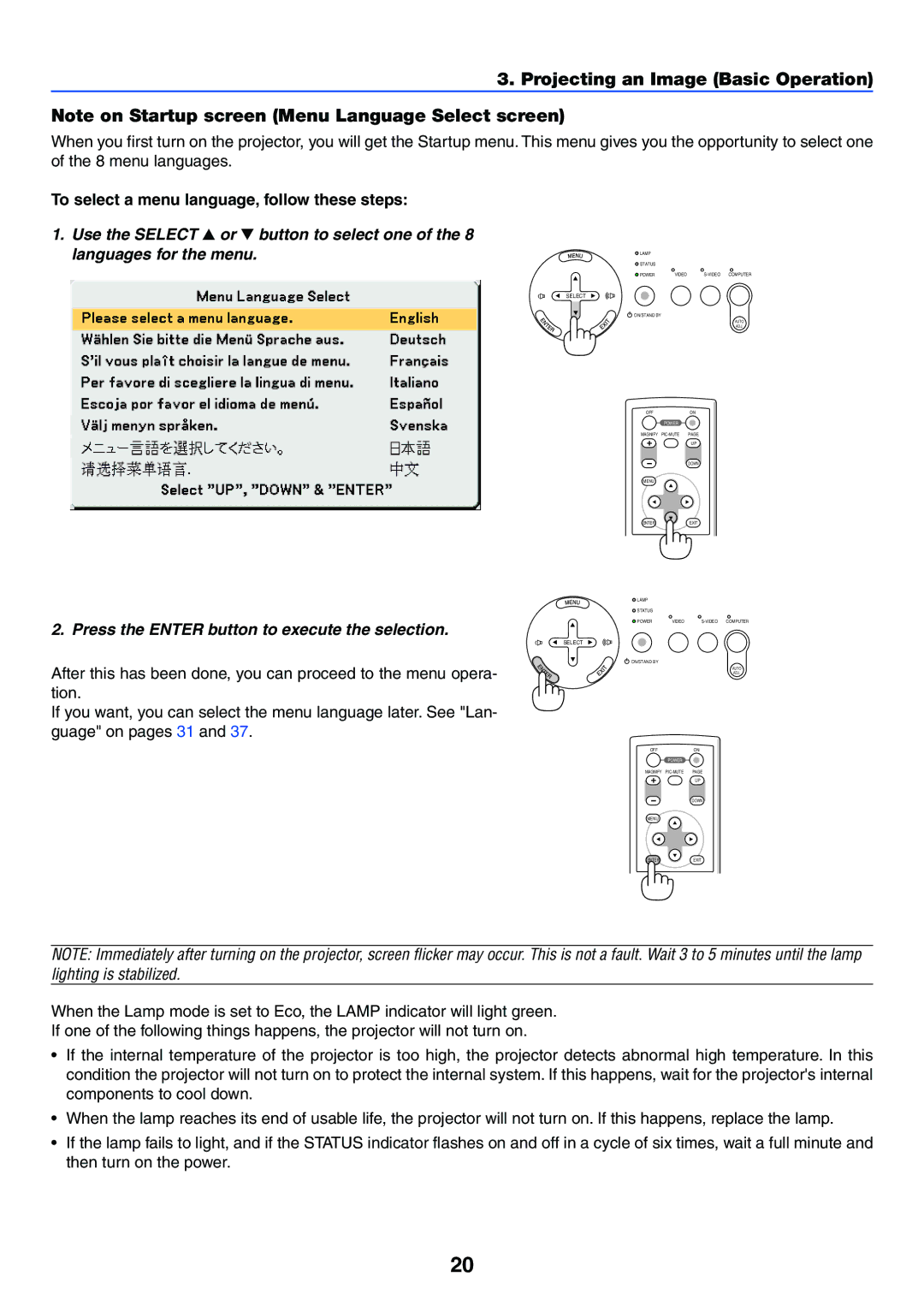 NEC VT37 manual Projecting an Image Basic Operation, To select a menu language, follow these steps 