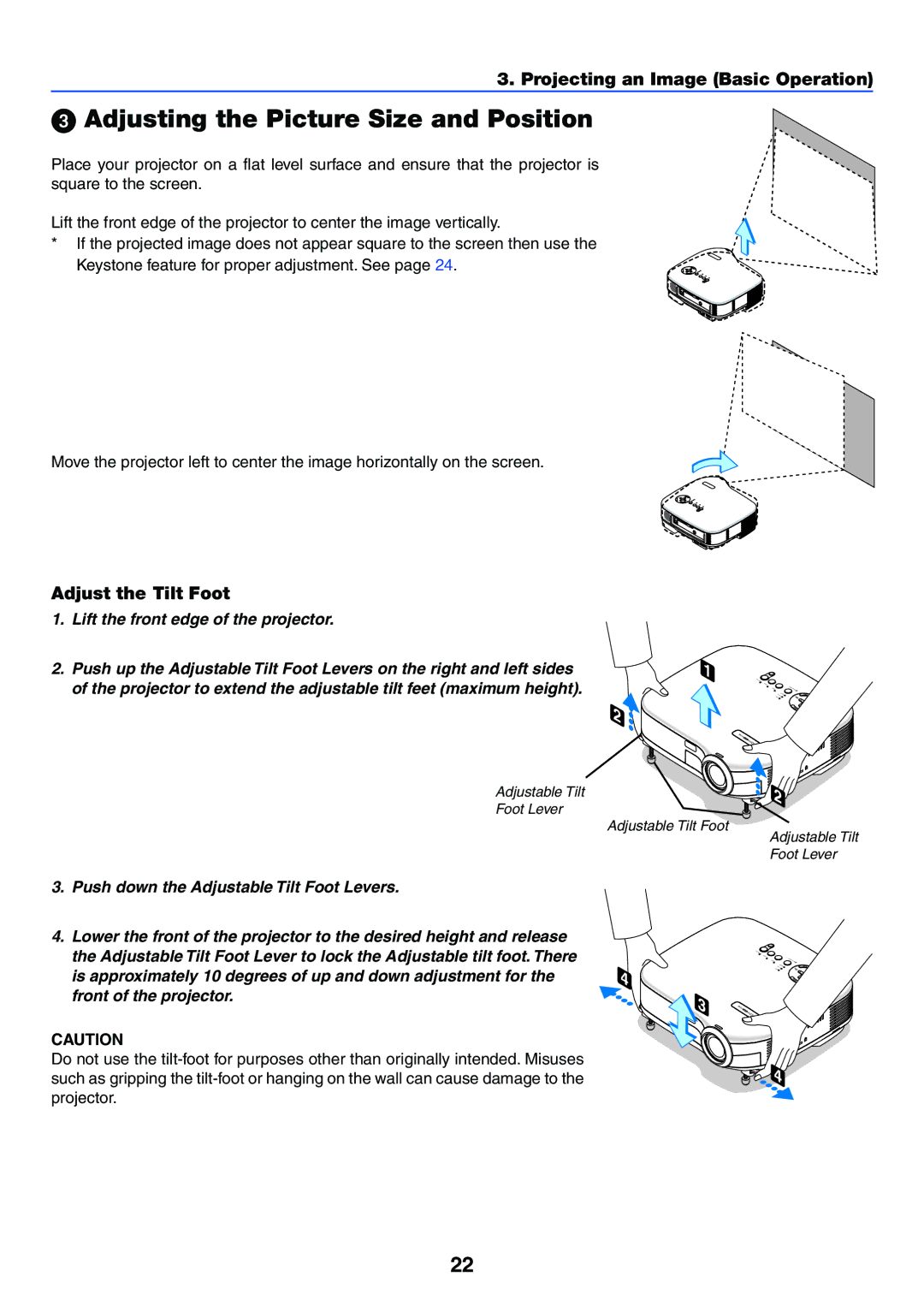 NEC VT37 manual Lift the front edge of the projector 